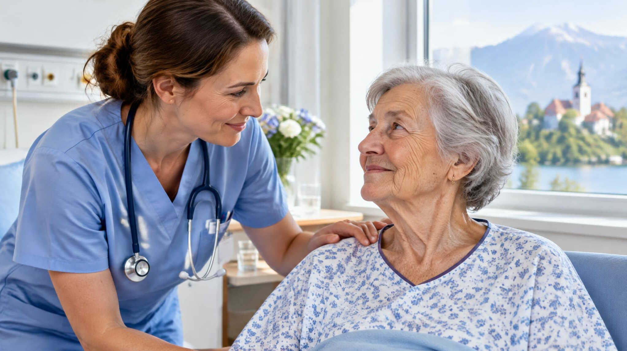 Nurse comforting an elderly patient with a gentle hand on the shoulder