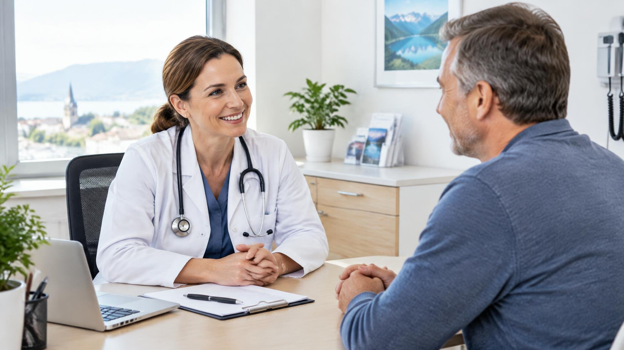 Doctor consulting with a smiling patient in a bright clinic