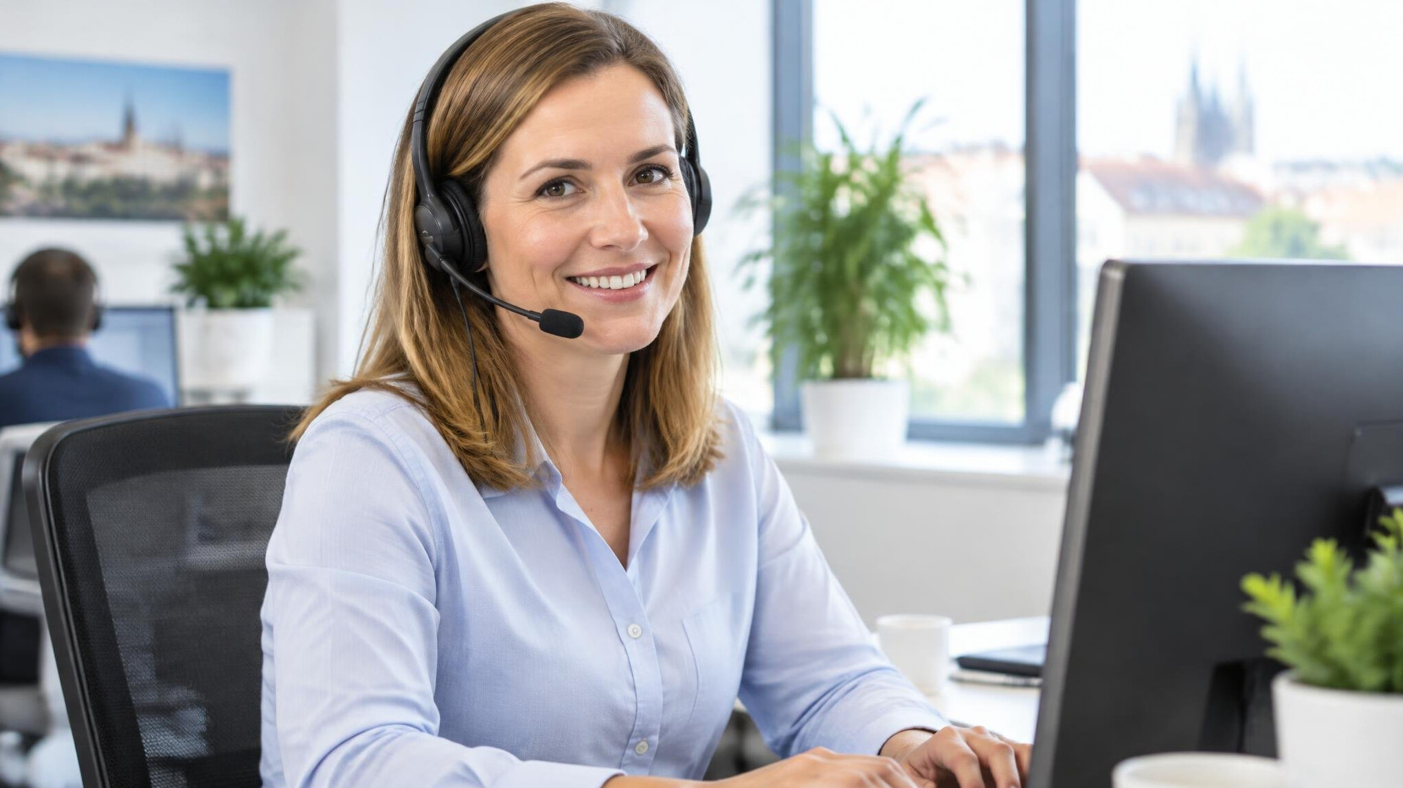 Friendly customer service agent working at a desk with a headset