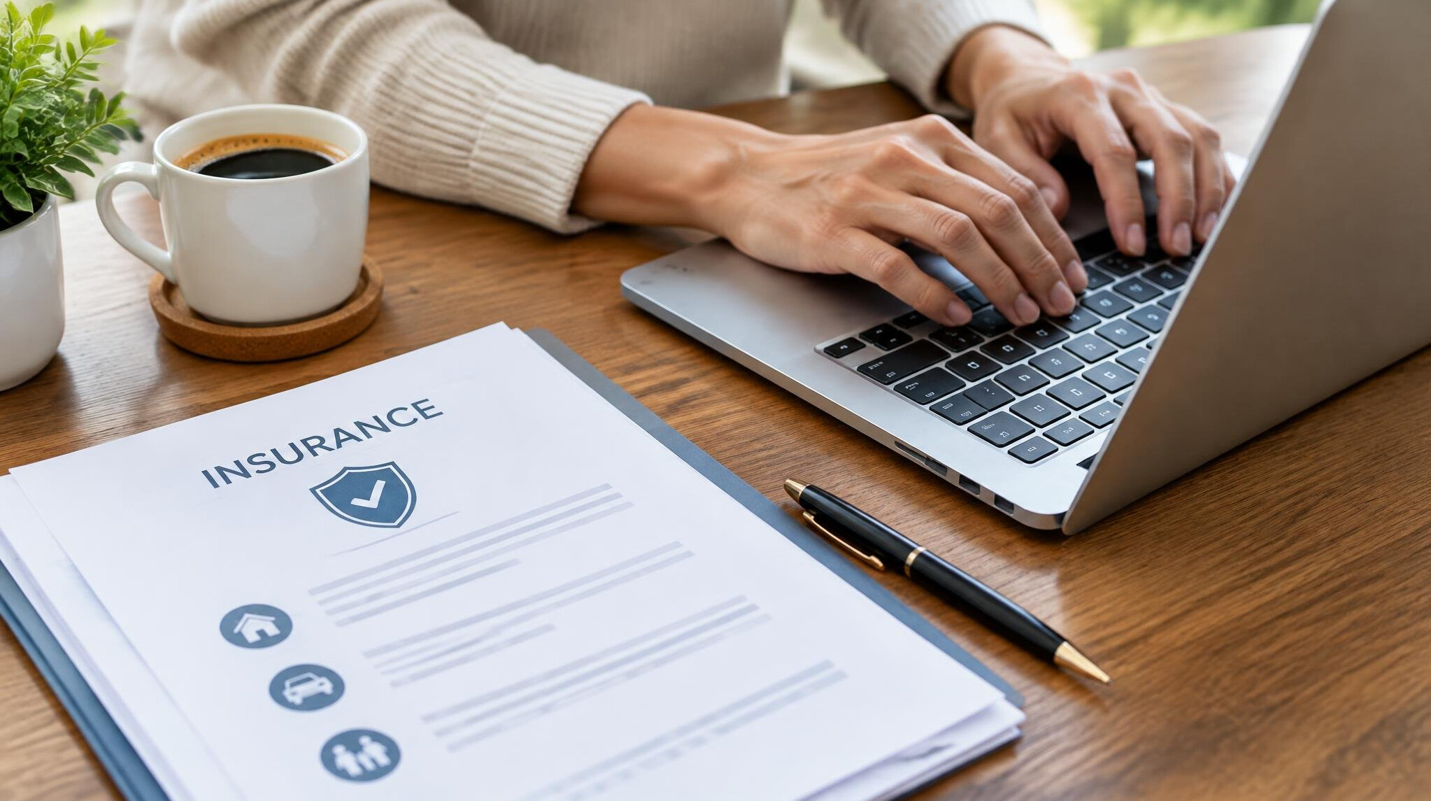 Hands typing on a laptop with insurance documents nearby