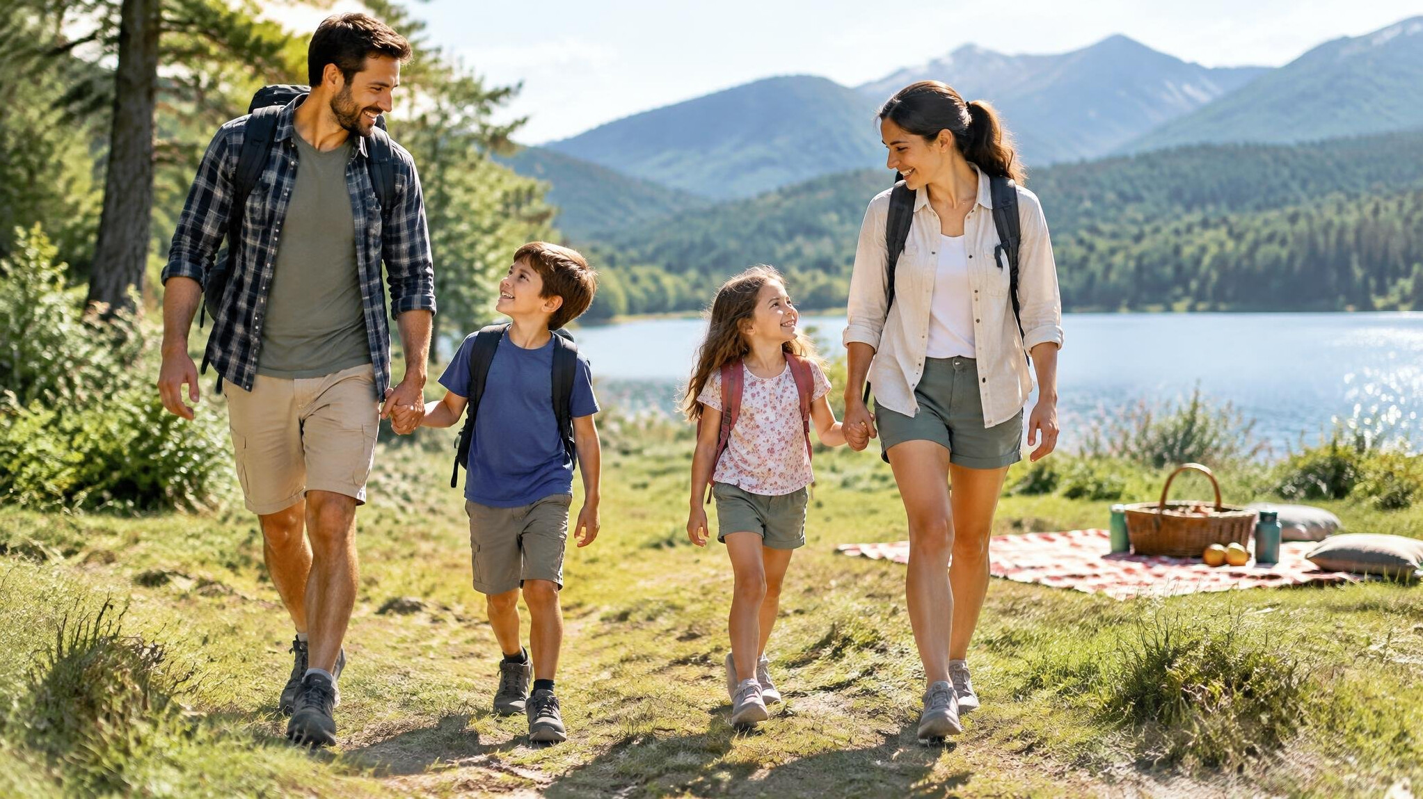 family walking in nature