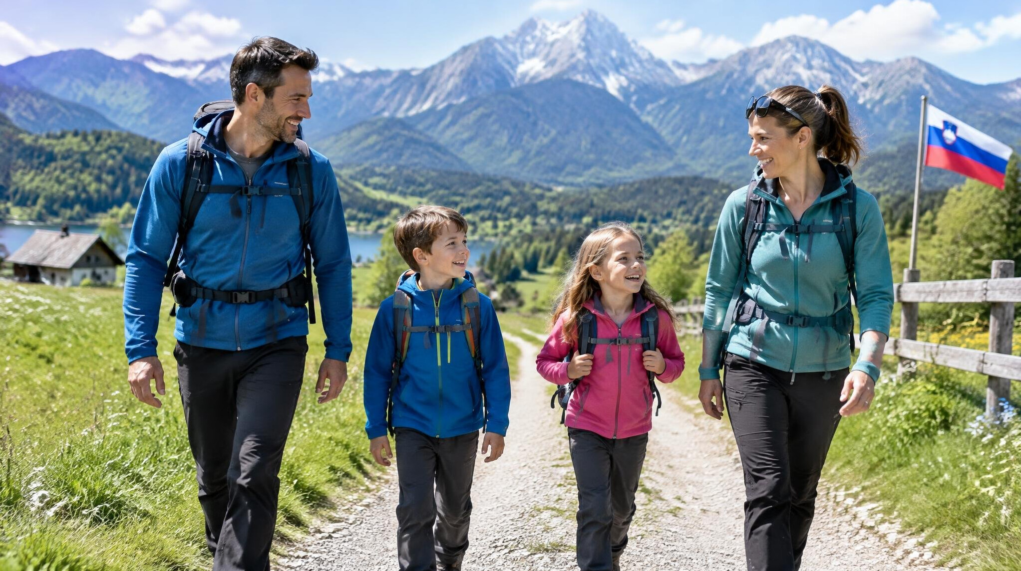 Happy family walking together outdoors in nature