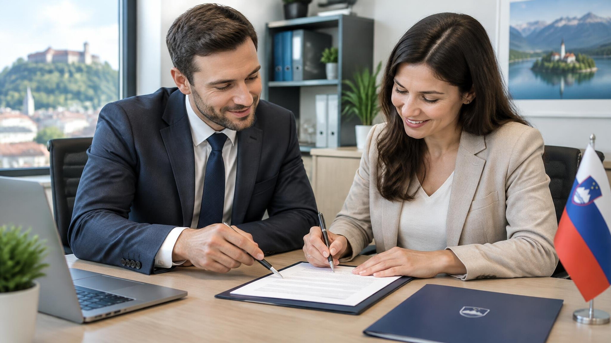 Insurance advisor helping a client sign documents in an office